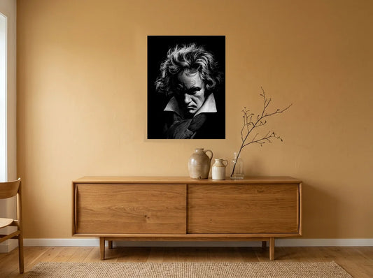 Tableau beethoven en clair-obscur noir et blanc sur toile 2 cm, présenté dans : salle à manger aux murs ocre