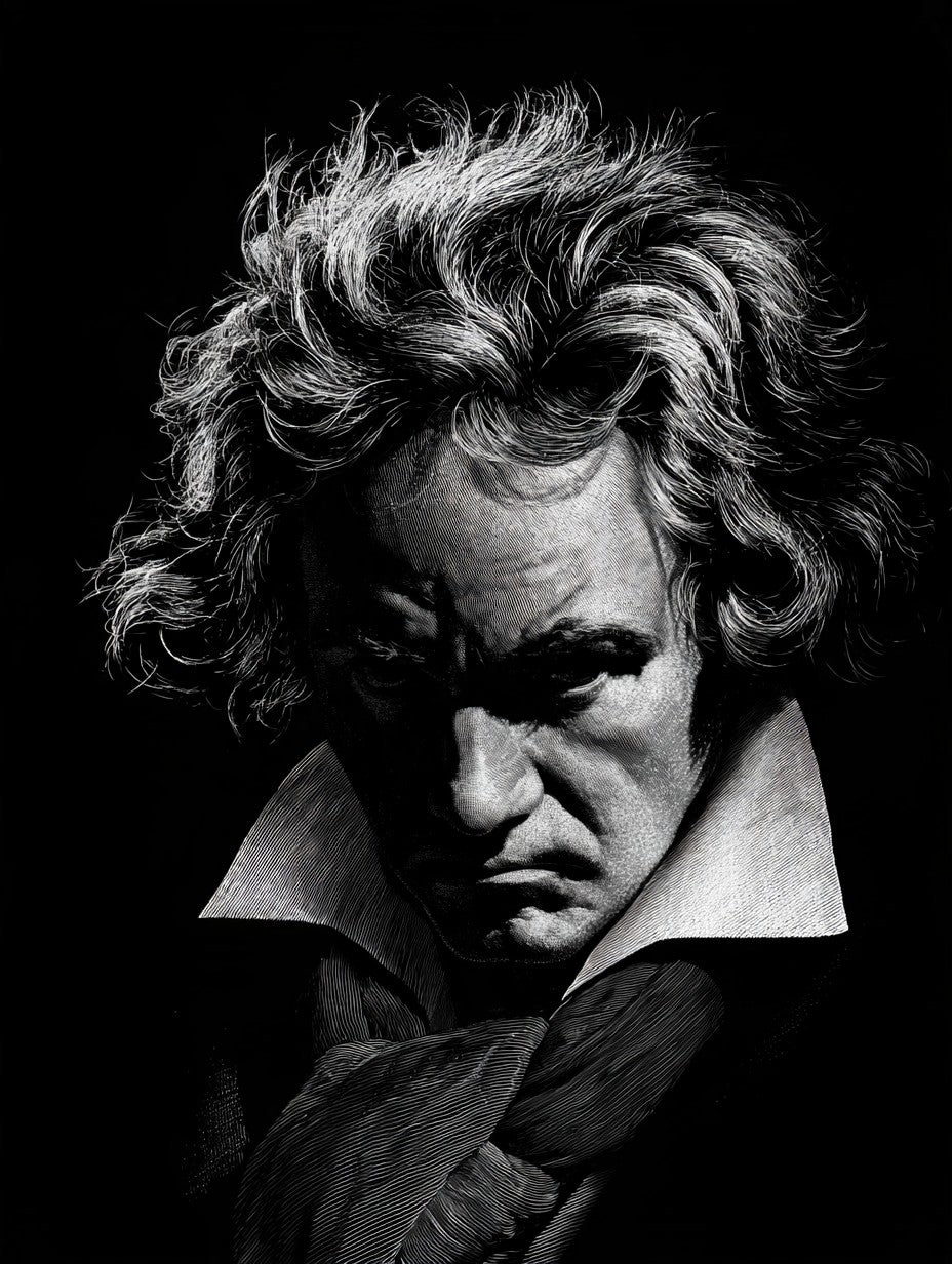Œuvre complète du tableau beethoven en clair-obscur noir et blanc, vue fidèle du dessin original