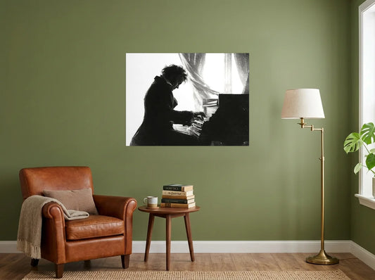 Tableau Beethoven au Piano noir et blanc sur toile 2 cm, dans un coin lecture aux murs vert olive