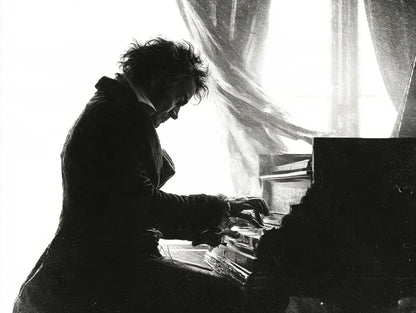 Œuvre du tableau Beethoven au Piano noir et blanc, silhouette du compositeur sur son clavier