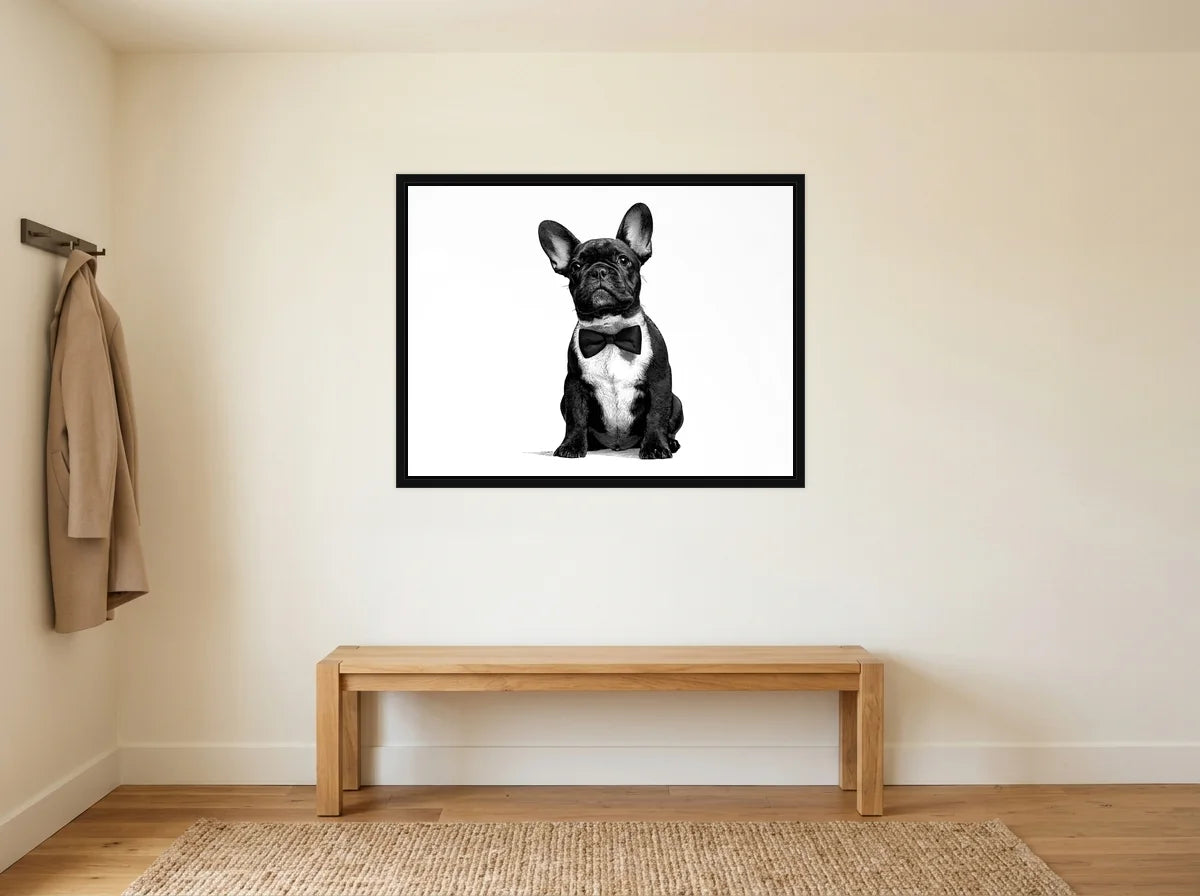 Tableau bouledogue assis au nœud papillon noir et blanc en toile encadrée noire, présenté dans : entrée crème avec banc en bois