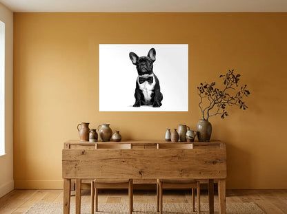 Tableau bouledogue assis au nœud papillon noir et blanc sur toile 2 cm, présenté dans : salle à manger aux murs ocre