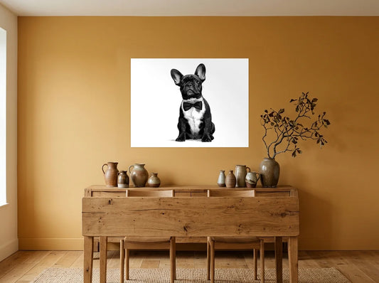 Tableau bouledogue assis au nœud papillon noir et blanc sur toile 2 cm, présenté dans : salle à manger aux murs ocre