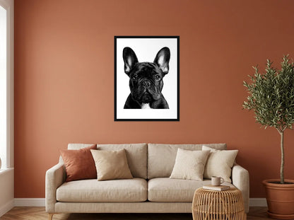 Tableau bouledogue aux grandes oreilles noir et blanc en toile encadrée noire, présenté dans : salon aux murs terracotta