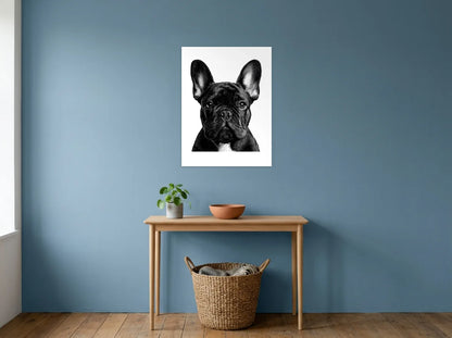 Tableau bouledogue aux grandes oreilles noir et blanc sur toile 2 cm, présenté dans : entrée aux murs bleu poudré