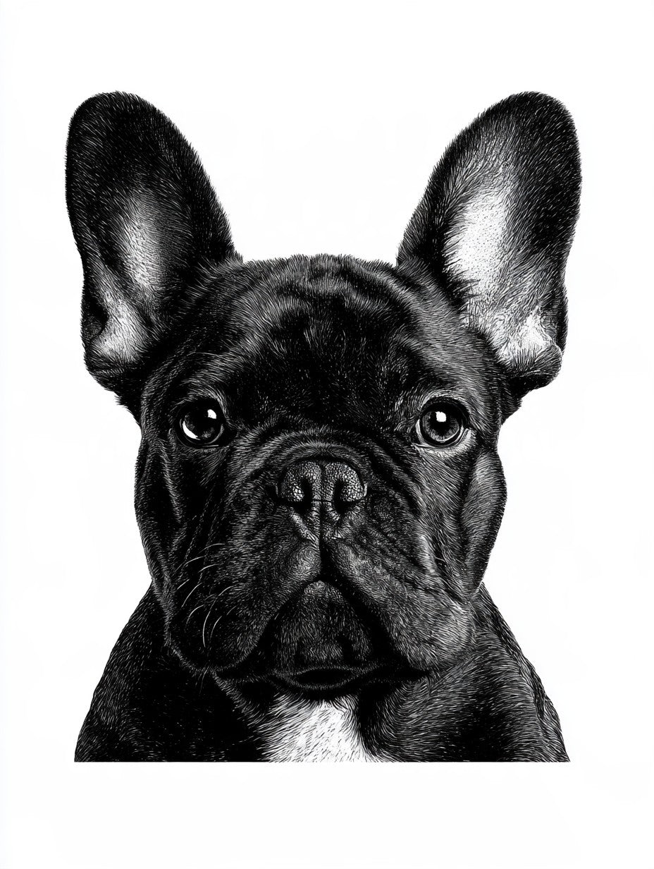 Œuvre du tableau bouledogue aux grandes oreilles noir et blanc, vue complète et fidèle du visuel