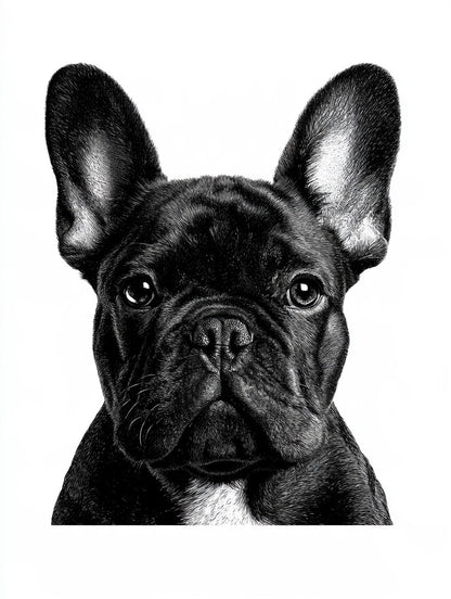 Œuvre du tableau bouledogue aux grandes oreilles noir et blanc, vue complète et fidèle du visuel
