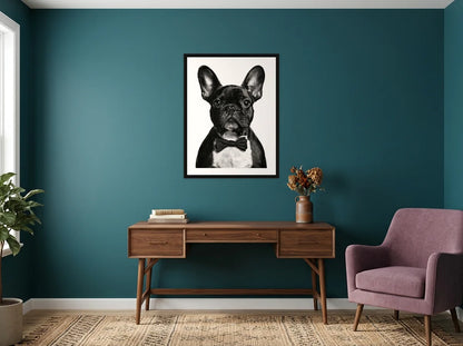 Tableau bouledogue au nœud papillon noir et blanc en toile encadrée noire, présenté dans : bureau aux murs bleu canard