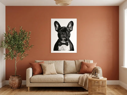 Tableau bouledogue au nœud papillon noir et blanc sur toile 2 cm, présenté dans : salon aux murs terracotta