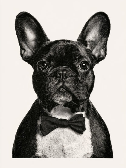 Œuvre du tableau bouledogue au nœud papillon noir et blanc, vue complète et fidèle du visuel