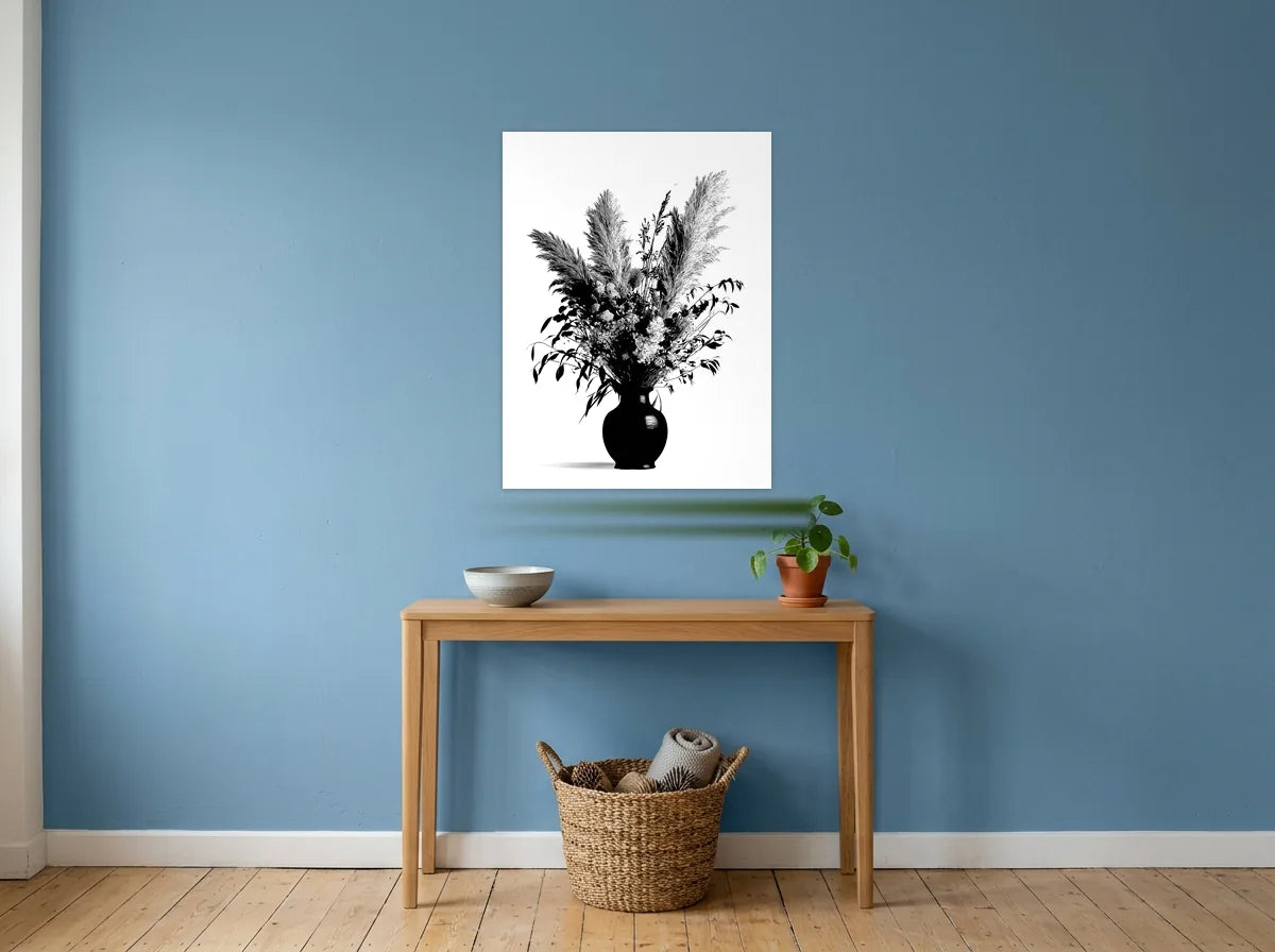Tableau bouquet de fleurs séchées noir et blanc sur toile 2 cm, présenté dans une entrée aux murs bleu poudré