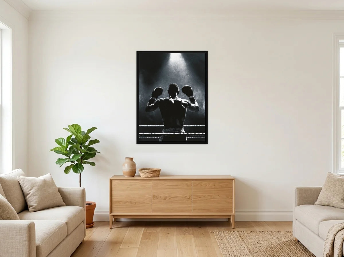 Tableau boxeur dans le ring noir et blanc en toile encadrée noire, présenté dans un salon blanc chaleureux et bois clair