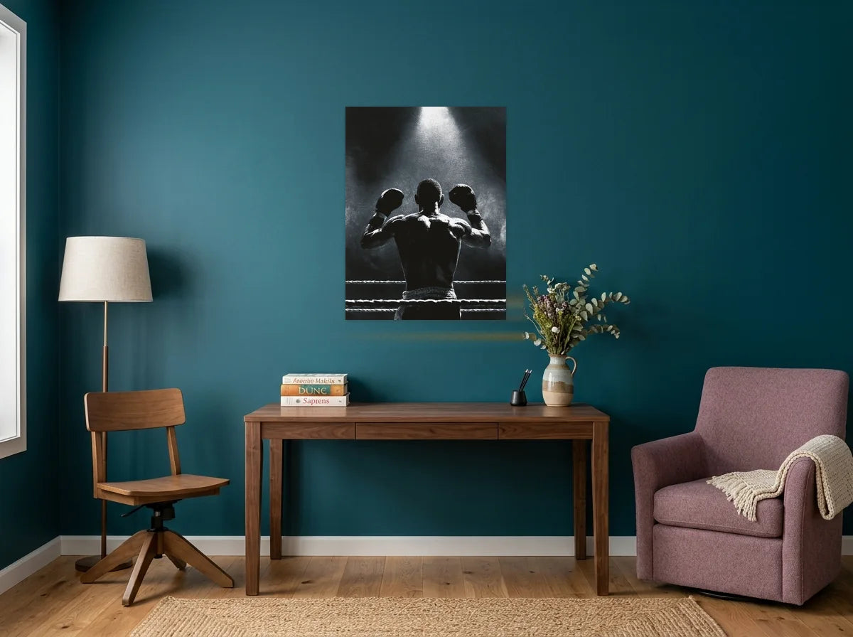Tableau boxeur dans le ring noir et blanc sur toile 2 cm, présenté dans un bureau aux murs bleu canard