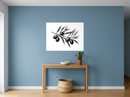 Tableau Branche d’Olivier noir et blanc sur toile 2 cm, présenté dans : entrée aux murs bleu poudré