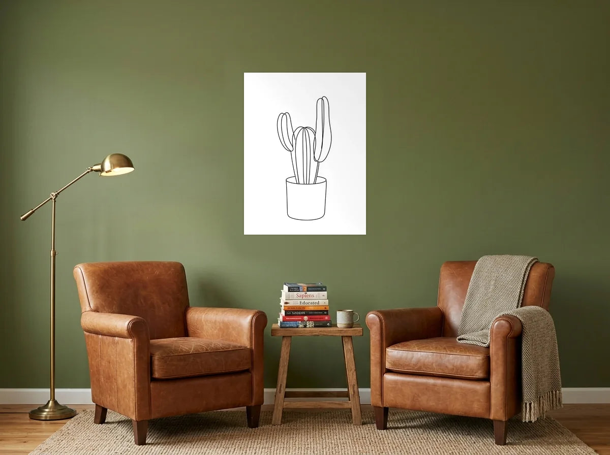 Tableau Cactus au Trait noir et blanc sur toile 2 cm, présenté dans un coin lecture aux murs vert olive