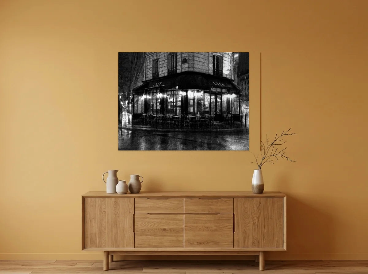 Tableau café de rue nocturne noir et blanc sur toile 2 cm, présenté dans une salle à manger