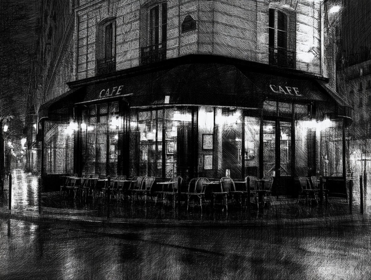 Œuvre du tableau café de rue nocturne noir et blanc, vue complète du visuel original