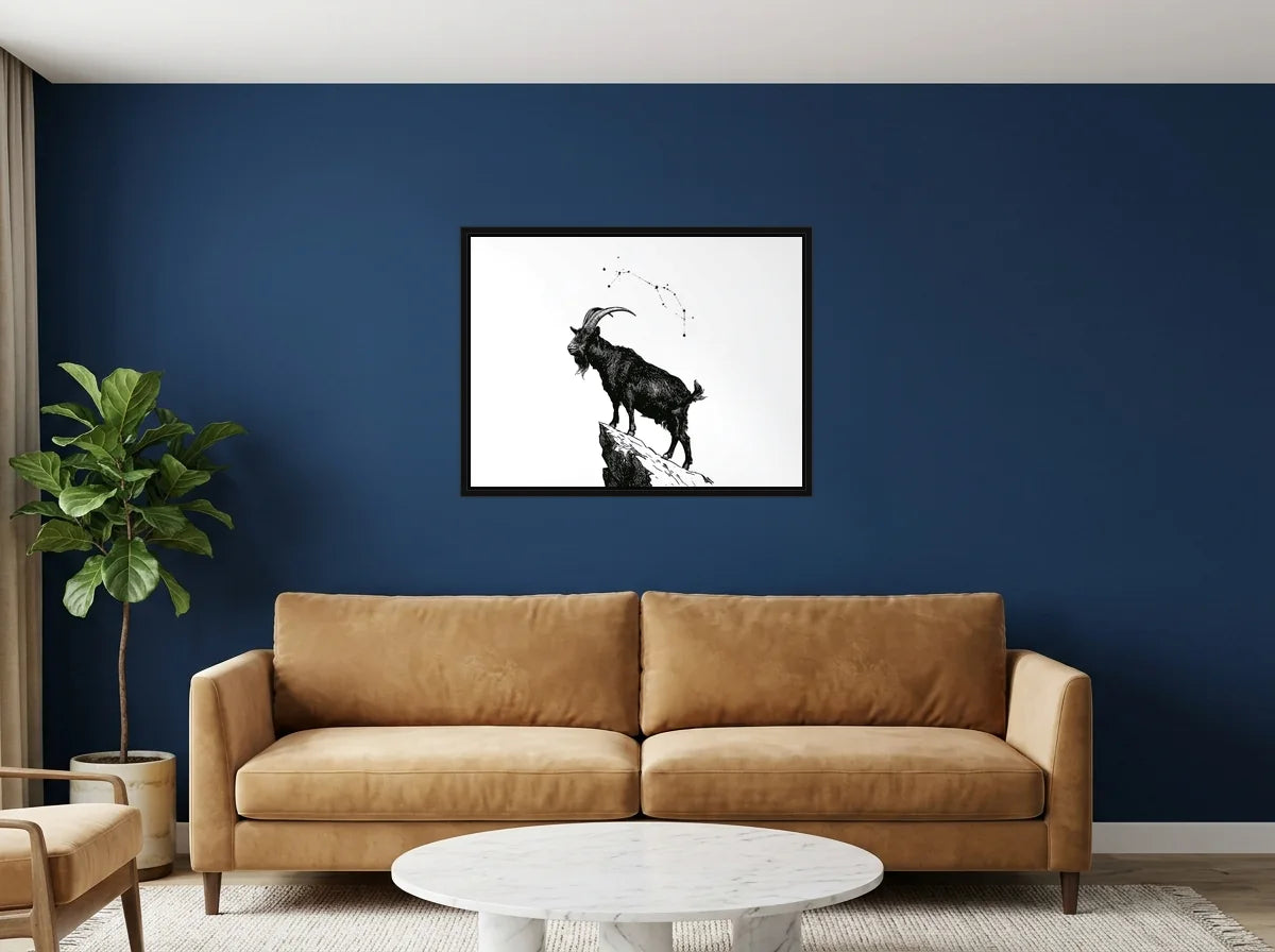 Tableau Capricorne des Sommets noir et blanc en toile encadrée noire, présenté dans : salon aux murs bleu nuit