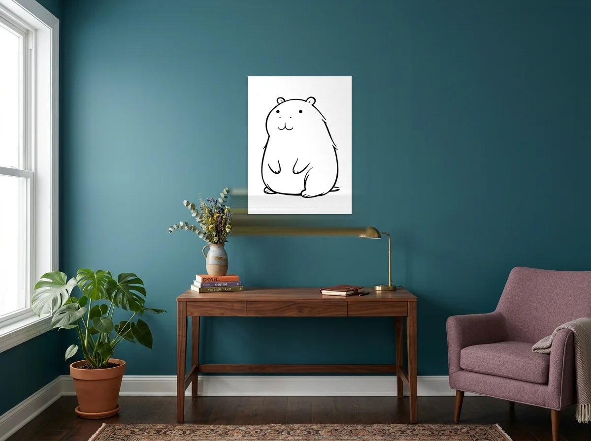 Tableau capybara assis noir et blanc sur toile 2 cm, présenté dans un bureau aux murs bleu canard