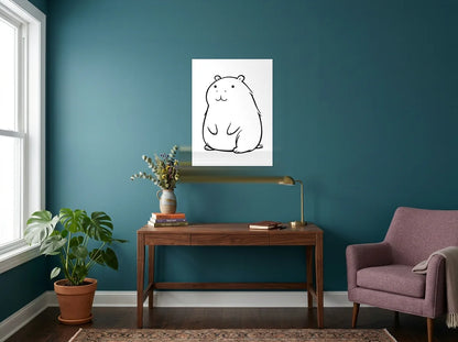 Tableau capybara assis noir et blanc sur toile 2 cm, présenté dans un bureau aux murs bleu canard