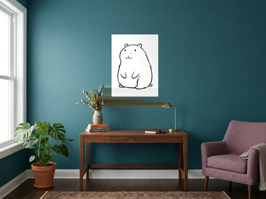 Tableau capybara assis noir et blanc sur toile 2 cm, présenté dans un bureau aux murs bleu canard
