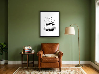 Tableau capybara aventurier clair noir et blanc en toile encadrée noire, présenté dans un intérieur chaleureux