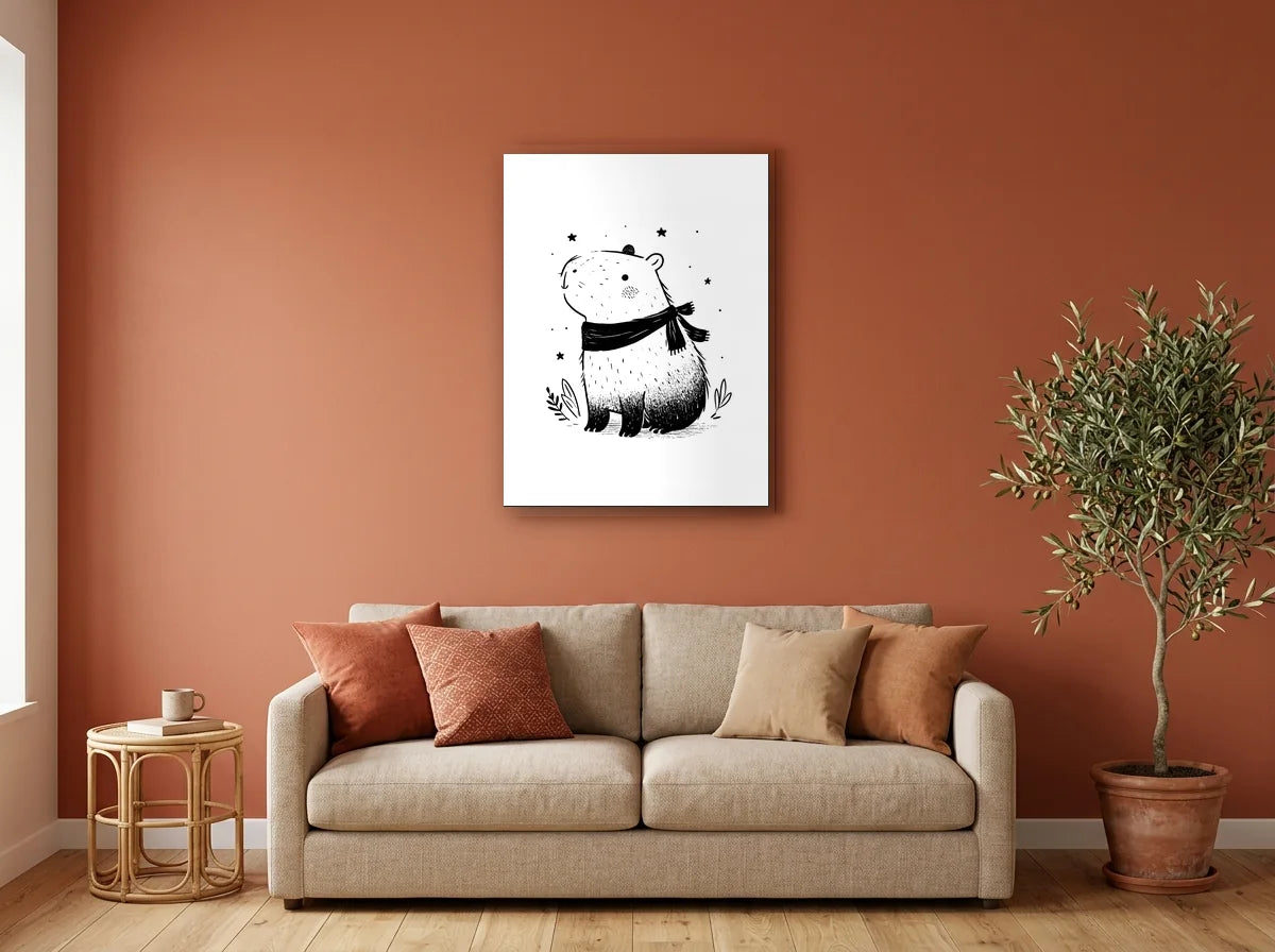 Tableau capybara aventurier clair noir et blanc sur toile 2 cm, présenté dans un intérieur coloré