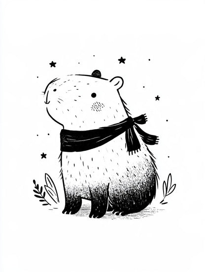 Œuvre complète du tableau capybara aventurier clair noir et blanc, vue fidèle du visuel