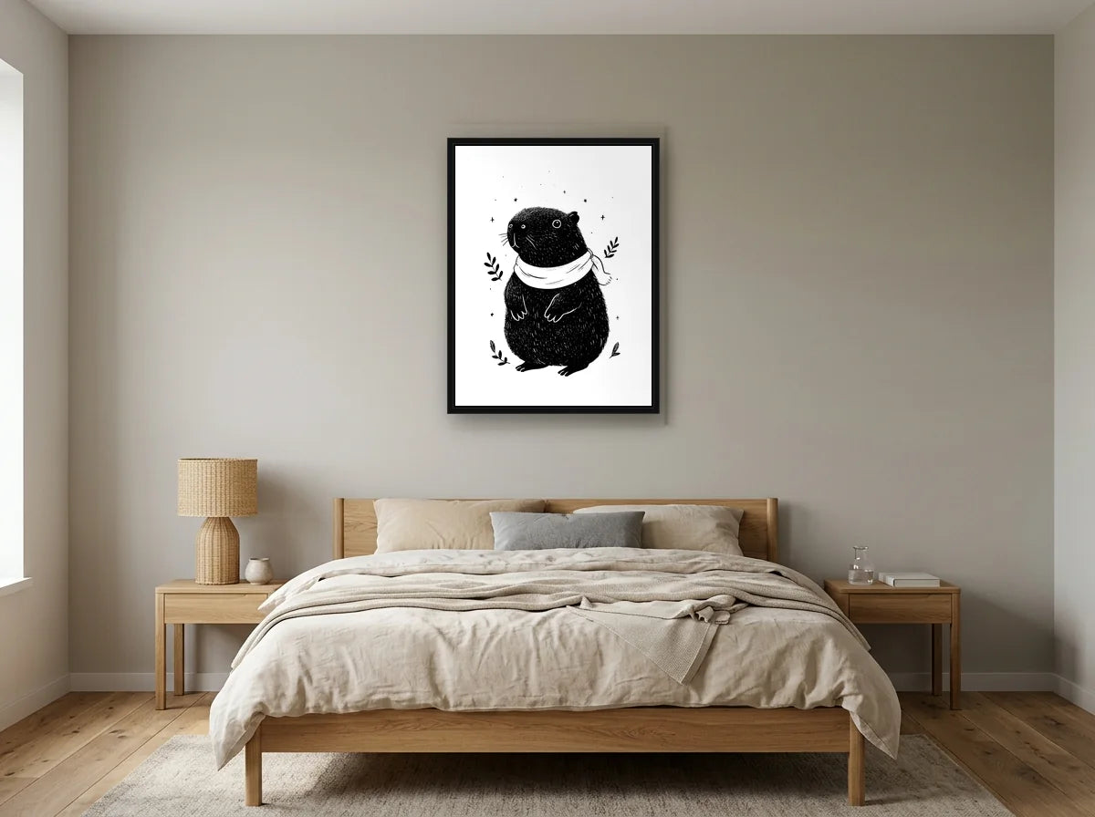 Tableau capybara aventurier noir noir et blanc en toile encadrée noire, présenté dans un intérieur chaleureux