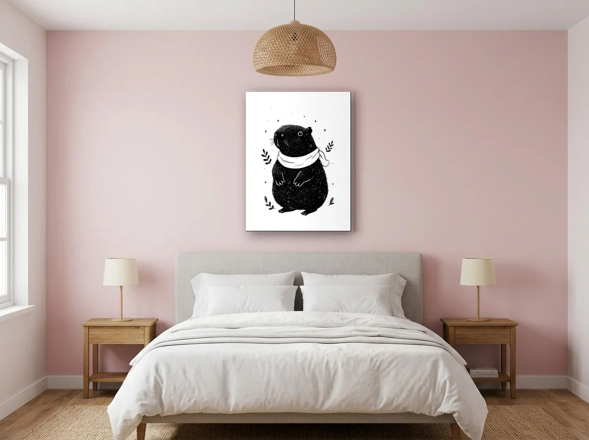 Tableau capybara aventurier noir noir et blanc sur toile 2 cm, présenté dans un intérieur coloré