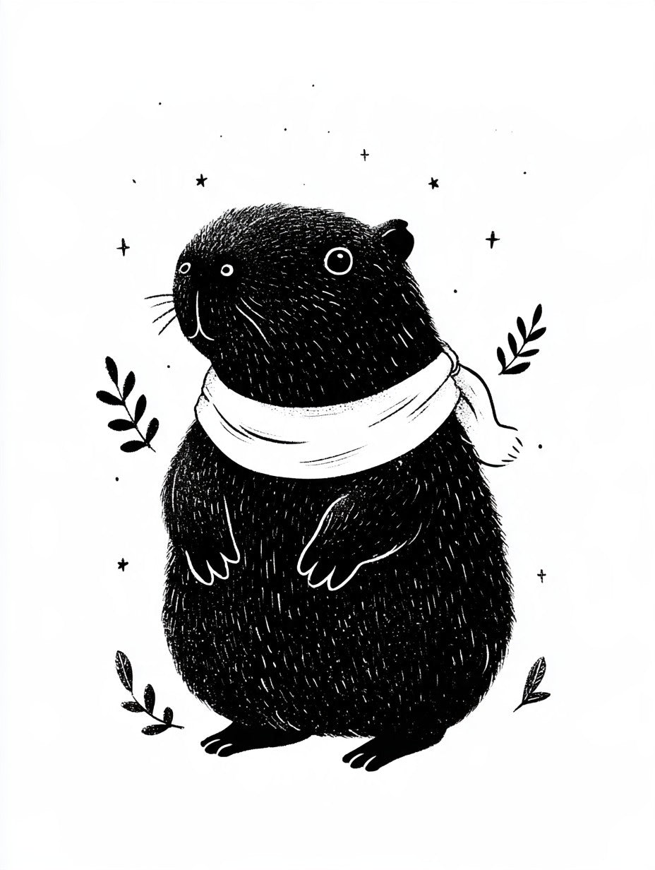 Œuvre complète du tableau capybara aventurier noir noir et blanc, vue fidèle du visuel