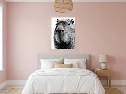 Tableau capybara en gros plan noir et blanc sur toile 2 cm, présenté dans une chambre aux murs rose poudré