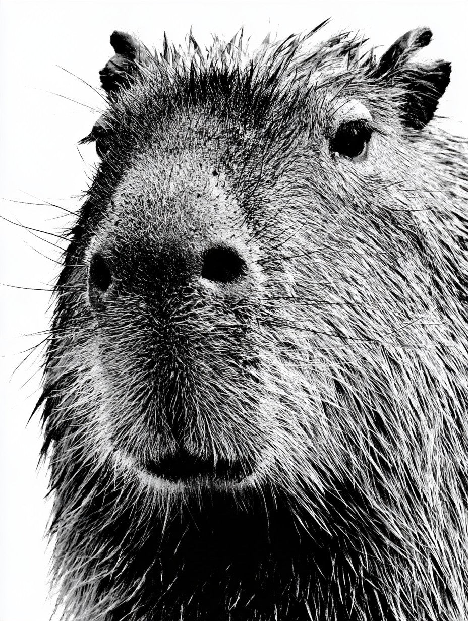 Œuvre complète du tableau Capybara en Gros Plan noir et blanc, vue fidèle du visuel original
