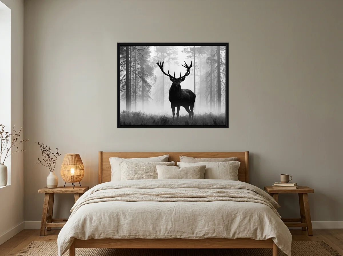 Tableau Cerf dans la Brume noir et blanc en toile encadrée noire, présenté dans : chambre aux tons lin et grège