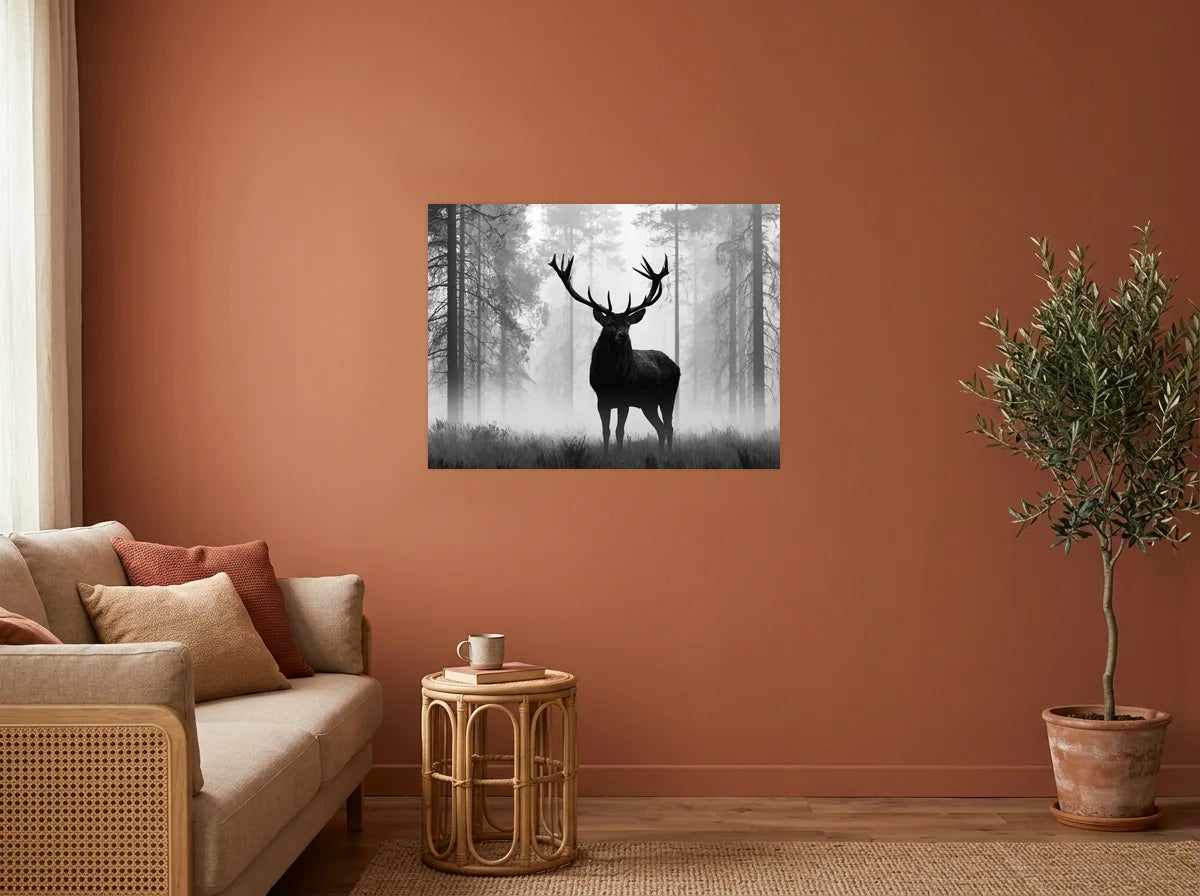 Tableau Cerf dans la Brume noir et blanc sur toile 2 cm, présenté dans : salon aux murs terracotta