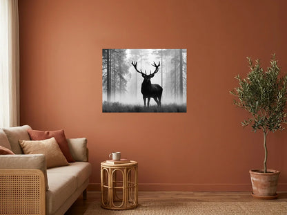 Tableau Cerf dans la Brume noir et blanc sur toile 2 cm, présenté dans : salon aux murs terracotta