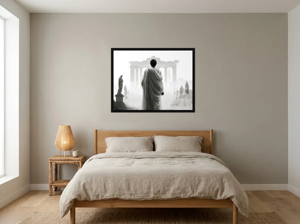 Tableau César face au Forum noir et blanc en toile encadrée noire, dans une chambre aux tons lin et grège