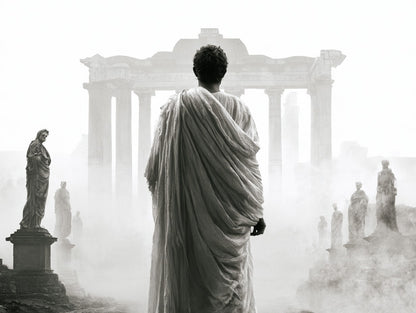 Œuvre du tableau César face au Forum noir et blanc, figure de dos et statues dans la brume