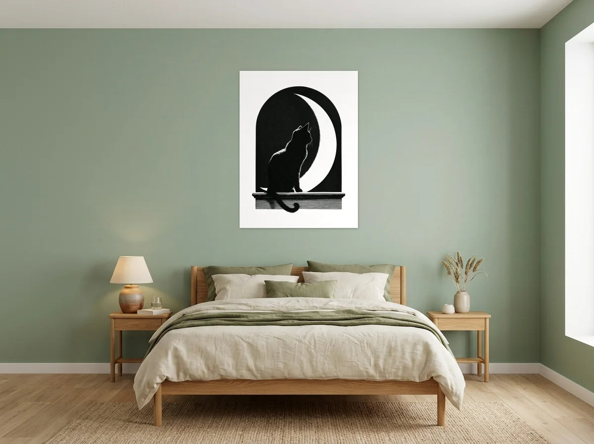 Tableau chat noir sous la lune sur toile 2 cm, présenté dans une chambre aux murs vert sauge