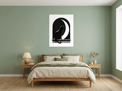 Tableau chat noir sous la lune sur toile 2 cm, présenté dans une chambre aux murs vert sauge