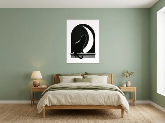 Tableau chat noir sous la lune sur toile 2 cm, présenté dans une chambre aux murs vert sauge