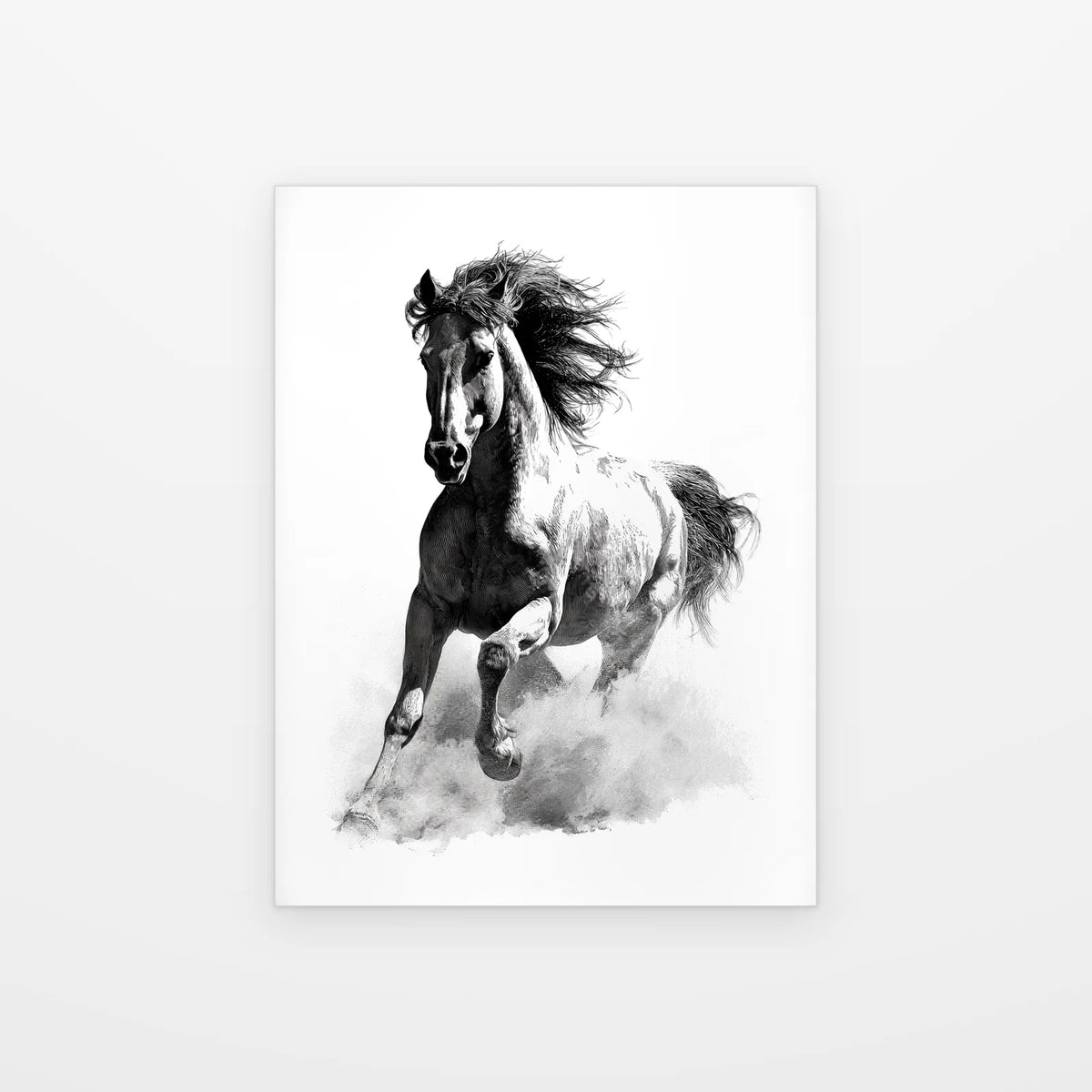 Visuel du tableau cheval au galop frontal noir et blanc présenté seul sur fond blanc, aperçu de l’œuvre imprimée