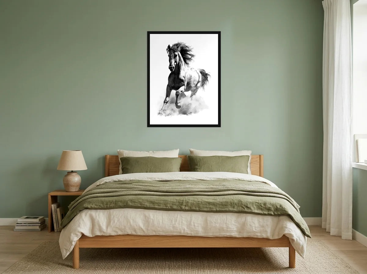 Tableau cheval au galop frontal noir et blanc en toile encadrée noire, présenté dans un chambre aux murs vert sauge