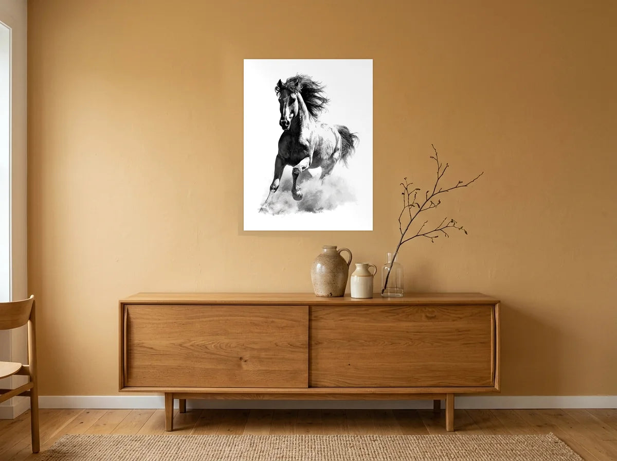 Tableau cheval au galop frontal noir et blanc sur toile 2 cm, présenté dans un salle à manger aux murs ocre