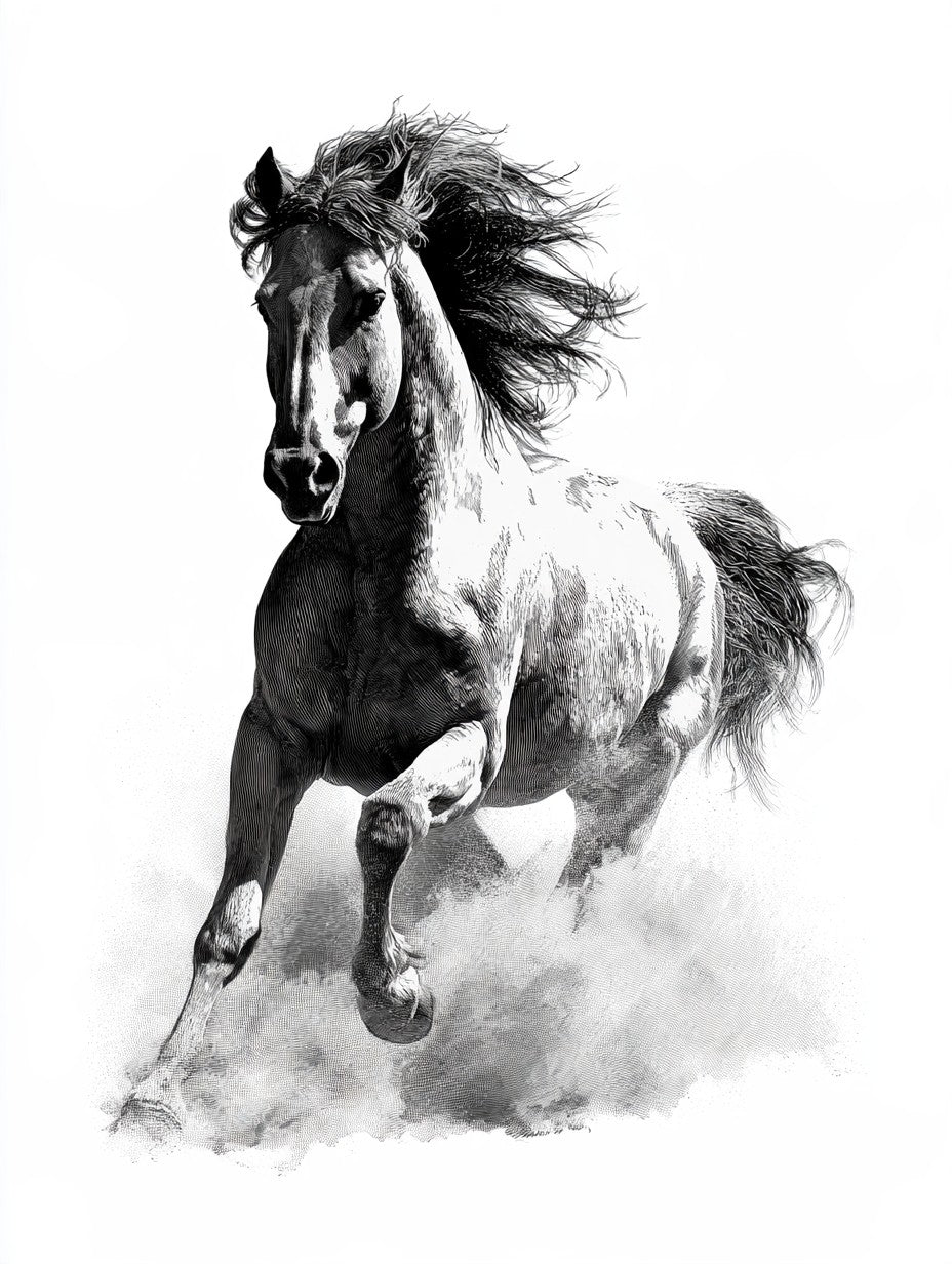 Œuvre complète du tableau cheval au galop frontal noir et blanc, vue fidèle du dessin