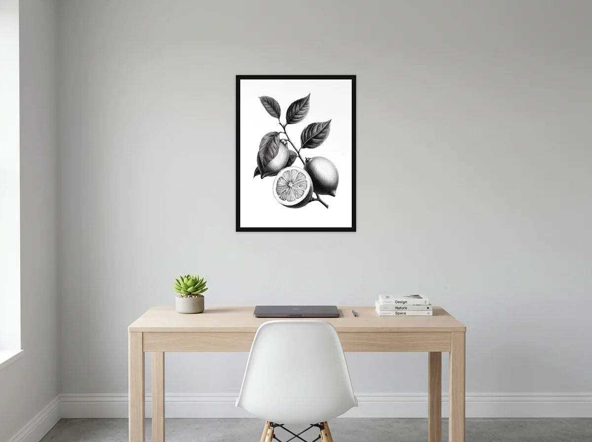 Tableau citrons sur branche noir et blanc en toile encadrée noire, présenté dans un bureau gris clair lumineux