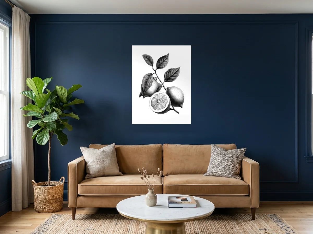 Tableau citrons sur branche noir et blanc sur toile 2 cm, présenté dans un salon aux murs bleu nuit