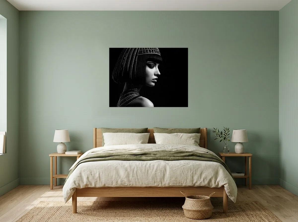Tableau Cléopâtre de Profil Sombre noir et blanc sur toile 2 cm, dans une chambre aux murs vert sauge