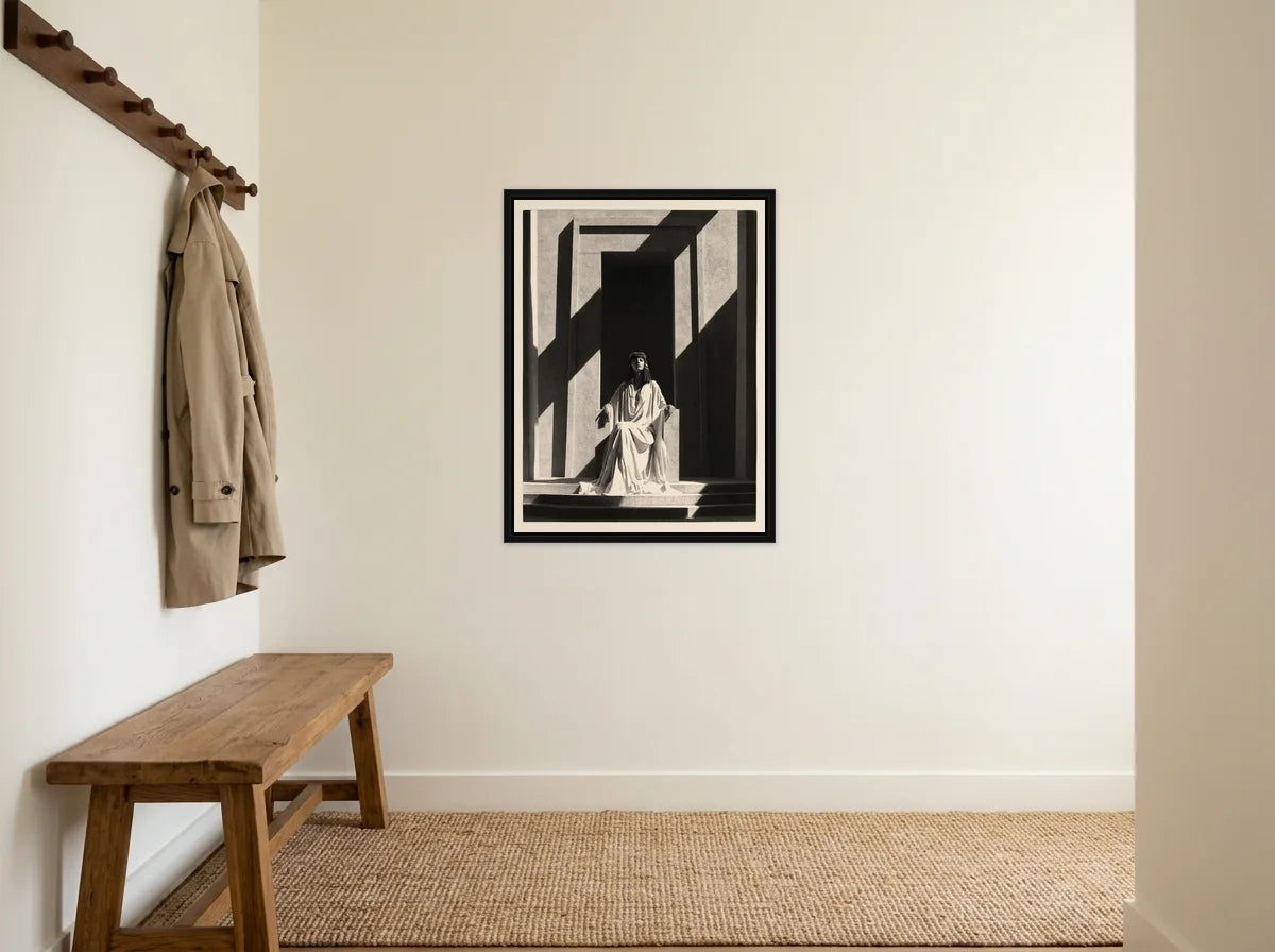 Tableau cléopâtre sur son trône noir et blanc en toile encadrée noire, présenté dans entrée crème avec banc en bois