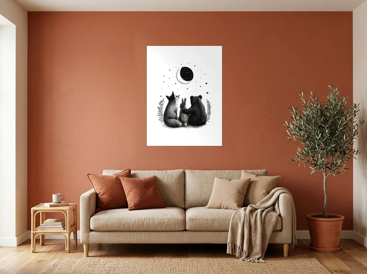 Tableau Compagnons sous la Lune noir et blanc sur toile 2 cm, présenté dans un salon aux murs terracotta